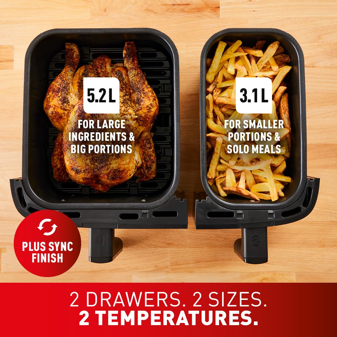 Tefal Easy Fry Dual Zone Freidora de Aire Doble 8,3 L 8 en 1 Asar Hornear