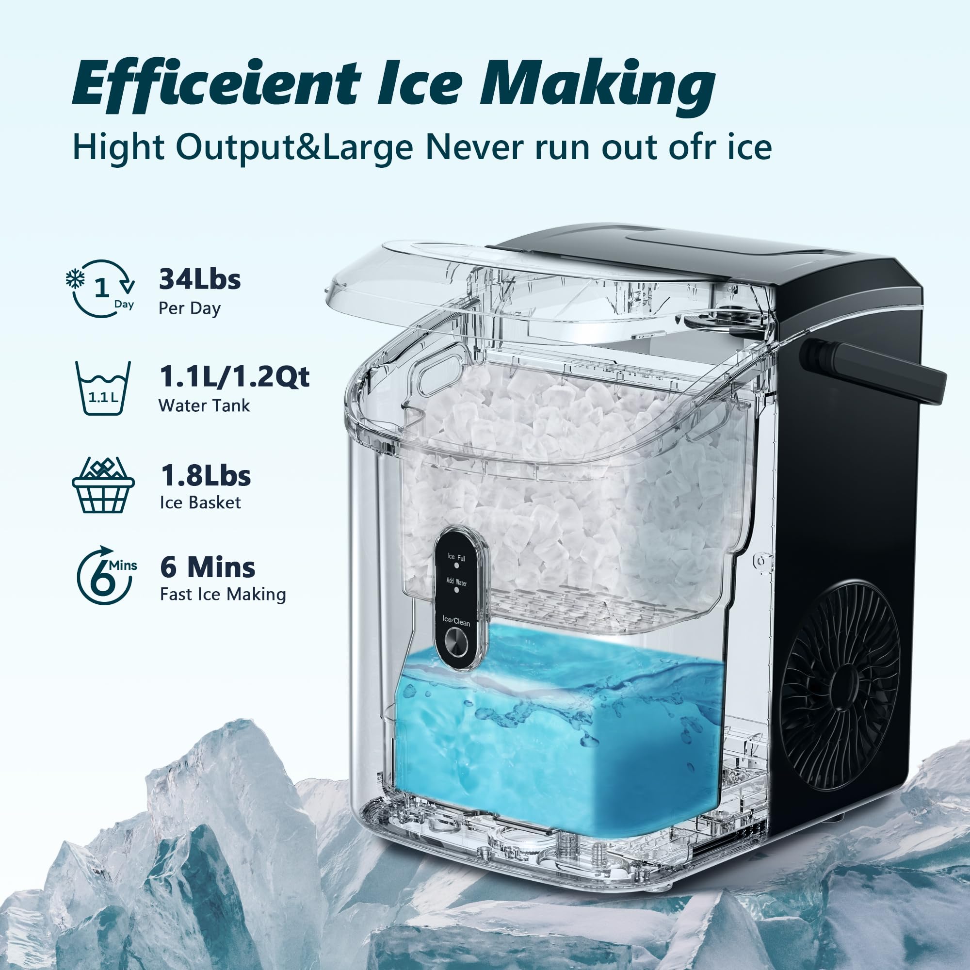 EUHOMY Máquina de Hielo Nugget con Asa 15,5 kg/24 h Hielo Masticable