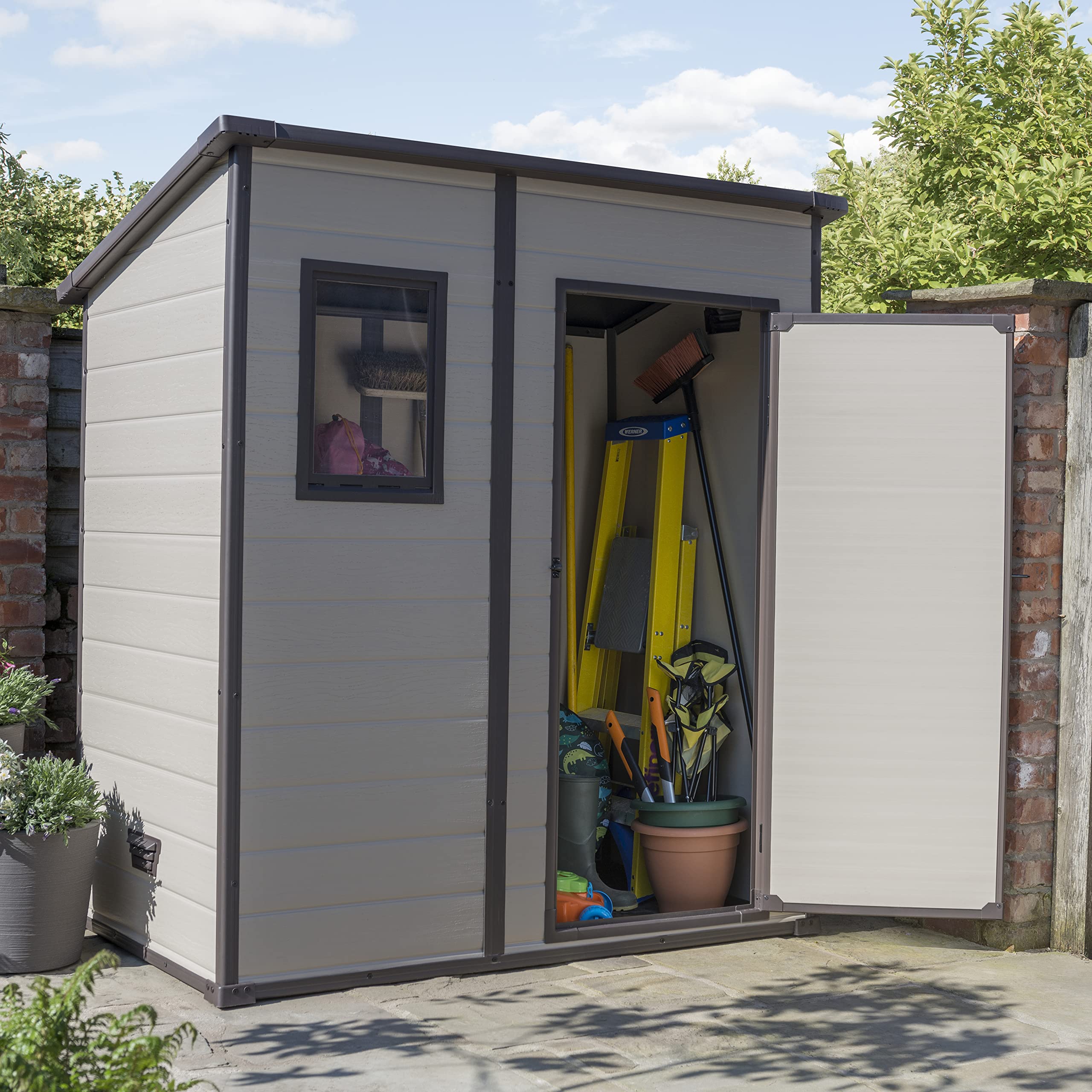 Keter Manor Caseta de Jardín Puerta Simple Efecto Madera Beige