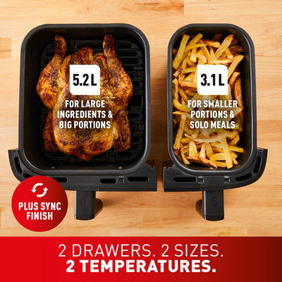 Tefal Easy Fry Dual Zone Freidora de Aire Doble 8,3 L 8 en 1 Asar Hornear
